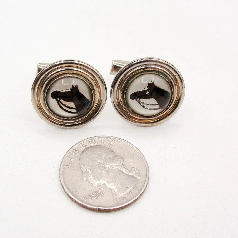 Vintage Silver Reverse Painted Intaglio Glass Horse Head Equestrian Cufflinks